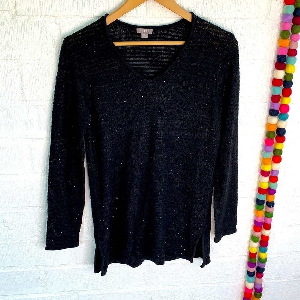 J. Jill Sequins Long Sleeve Black V neck Sweater sz XS